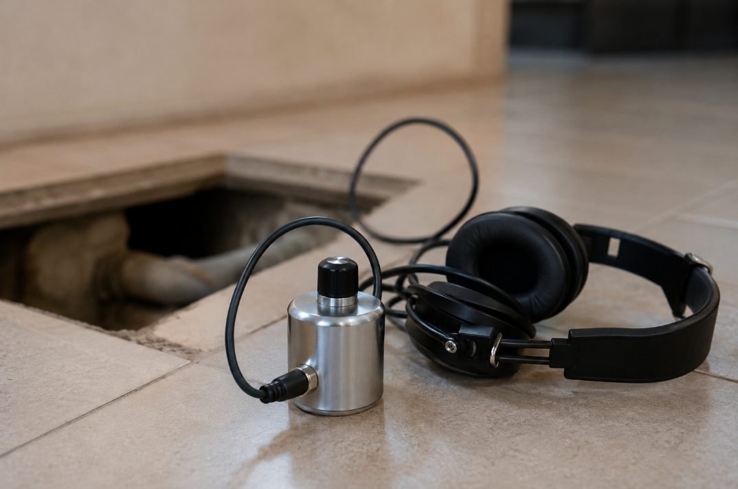 Geófono electrónico y auriculares junto a una cala de inspección