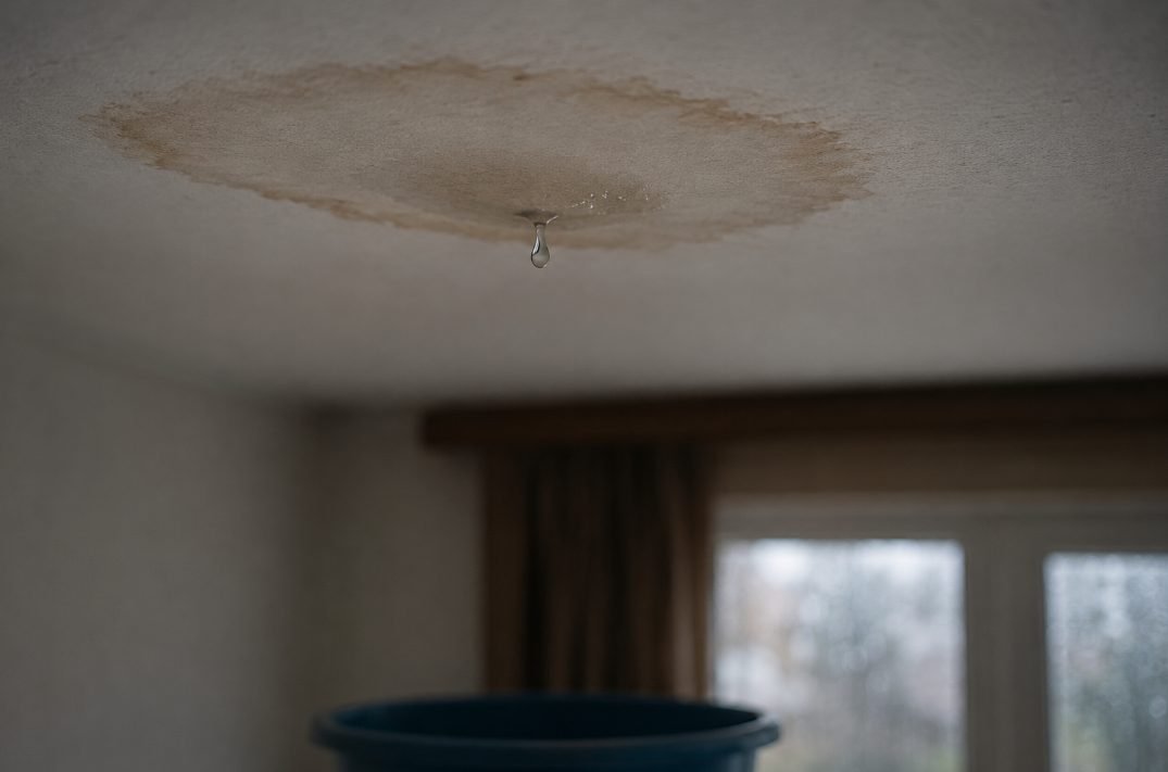 Mancha de filtración en el techo de una vivienda con una gota cayendo