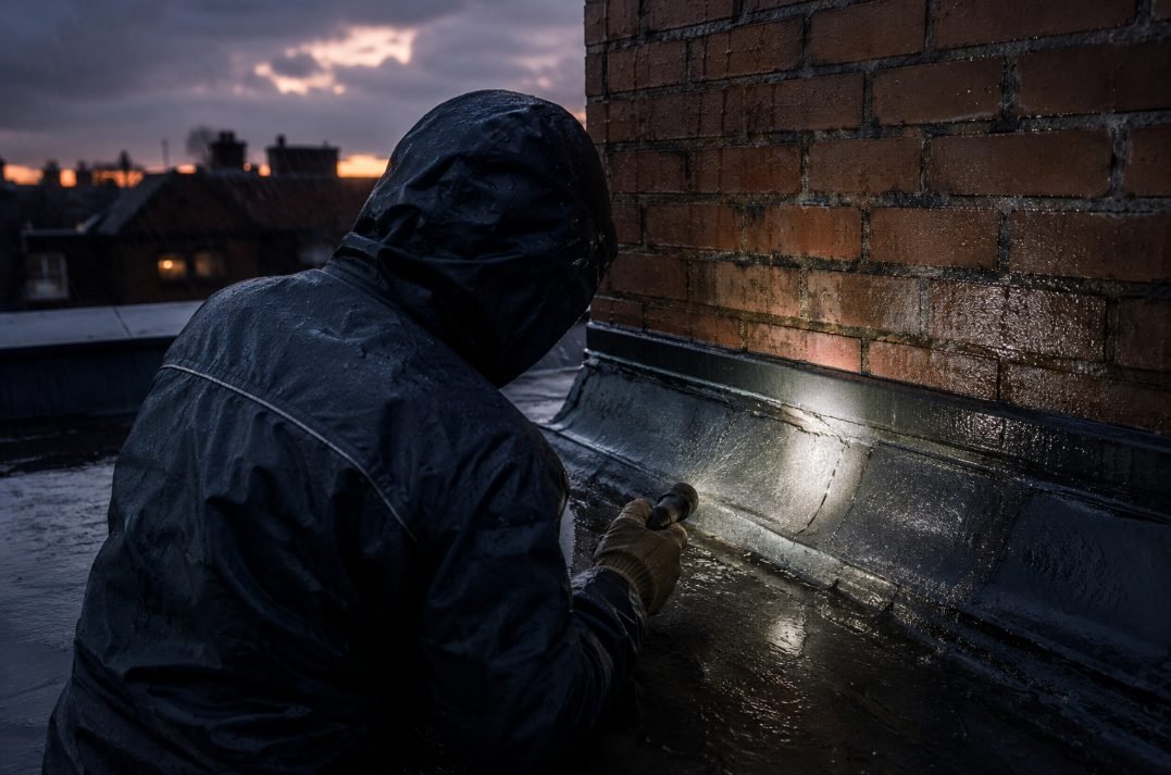 Operario sellando una gotera bajo la lluvia al anochecer en Tarragona