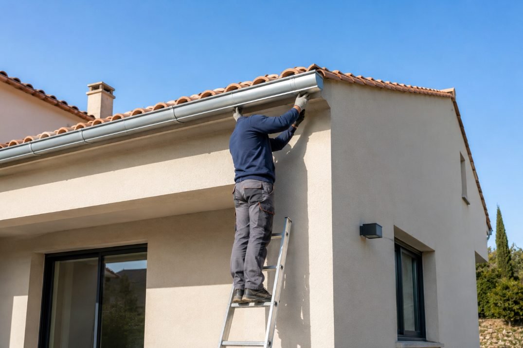 Operario instalando un canalón de aluminio en el alero de una vivienda