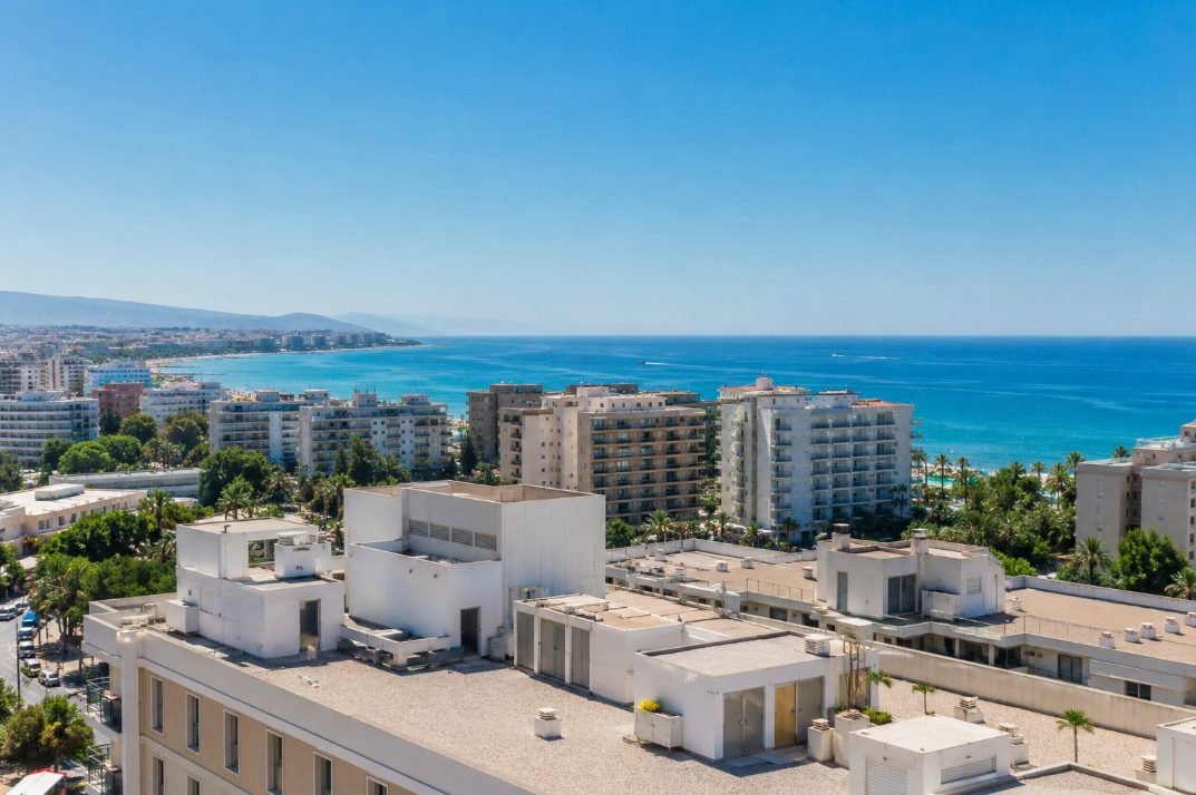 Skyline de Salou con edificios altos y azoteas planas junto a la costa